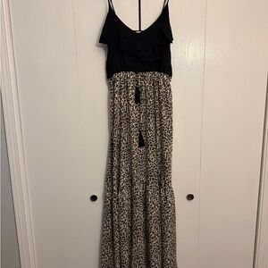 Black & Leopard Print Maxi Dress with Tassel Waist